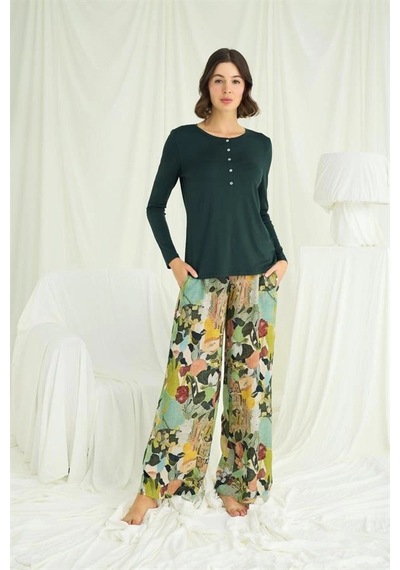 Will Like Çiçek Ve Yaprak Desenli Pijama Takımı Yeşil