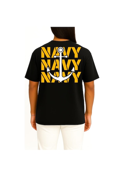 Bahriyeli Collection Oversize Trio Navy Anchor Göğüs Ve Sırt Baskılı Unisex T-shirt Siyah