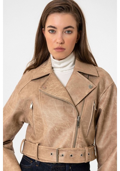 Antioch Kadın Suni Deri Crop Biker Ceket Bej