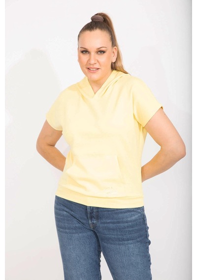 Şans Kadın Sarı Büyük Beden Kapşonlu Kanguru Cepli Kısa Kollu Sweatshirt 65n35613-sarı Sarı