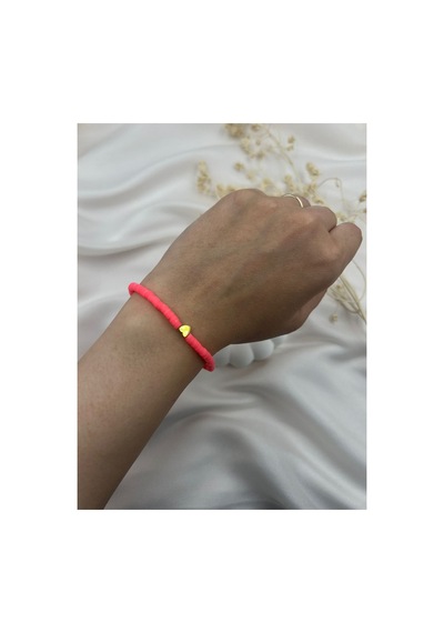 Lunarie Neon Pembe Polimer Kil Disk Boncuklu Gold Kalp Bileklik