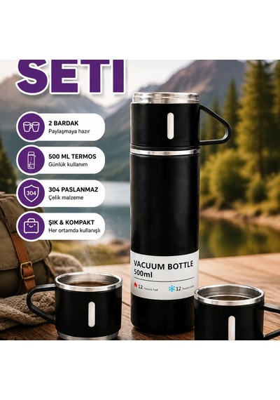 500 Ml 304 Paslanmaz Çelik Isı Korumalı Termos Ve 2 Bardak Seti Silikon Tabanlı Çok Renkli