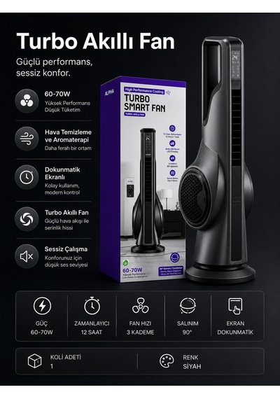 Turbo Kule Tipi Fan 33 İnç 70w Uzaktan Kumandalı Sessiz Dokunmatik Vantilatör Aromaterapi