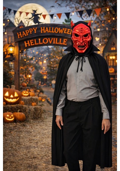 Parlak Kırmızı Şeytan Kafatası Maske Ve Yakalı 120 Cm Pelerinli Halloween Korku Kostüm Seti Cosplay