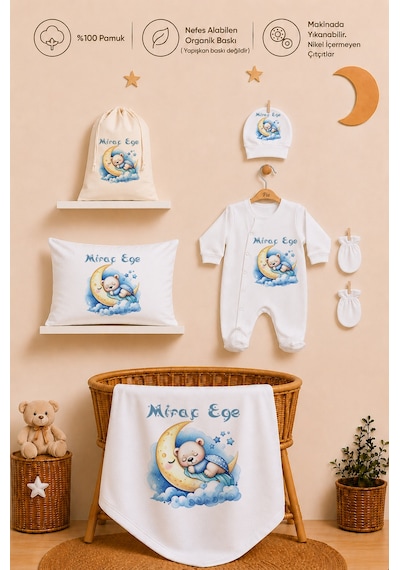 Pia Baby İsme Özel %100 Pamuk Erkek Bebek Yastık Battaniyeli Tulum Set Kese Hediyeli 1089tybk0x Krem