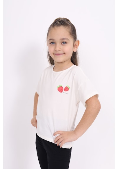 Toontoy Kids Toontoy Kız Çocuk Yakası Çilek Baskılı Tişört Ekru