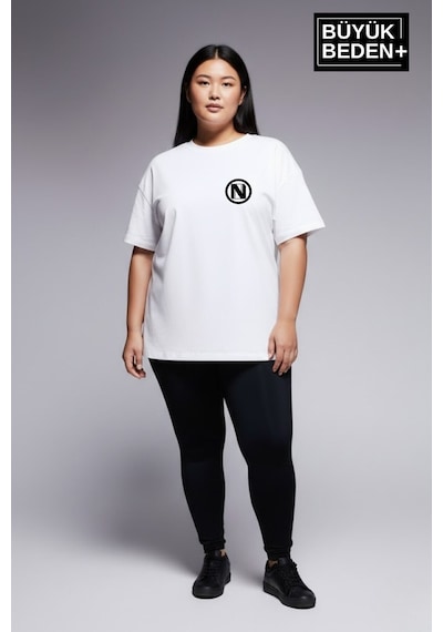 Superlife Kadın Büyük Beden N Baskılı 3xl-6xl Bisiklet Yaka Tshırt Spr26btsk510-19 Beyaz