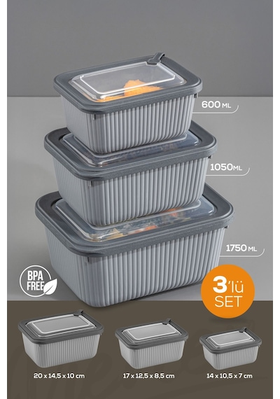 Vienev 3'lü Vip Dikdörtgen Mikrodalga Ve Difrize Uygun Saklama Kabı Seti Gri 1x 1750,1050,600 Ml Antrasit