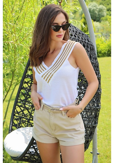 Aqe Fashion Kolsuz Ön Arka V Yaka Sim Detaylı Beyaz-altın BEYAZ
