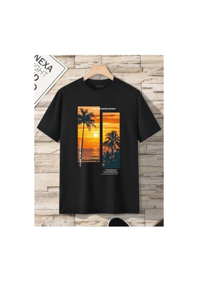 Medinenur Gün Batımı Baskılı Basic T-shirt Siyah