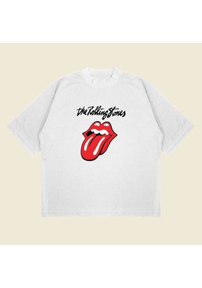 Tarzsokak The Rolling Stones Baskılı Oversize Unisex Pamuklu Nefes Alan Kalın Kumaşlı Beyaz