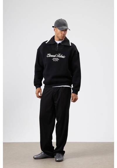 Vamos Oversize Fermuarlı Yaka Sweatshirt Siyah