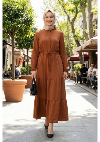 Hb Harma Time Butik Kadın Düğmeli Bağcıklı Taba Tesettür Keten Elbise