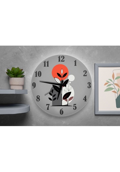 Duvar Saati Minimal Yaprak Desenli Sessiz Mekanizmalı Gri Turuncu 40 Cm Gri