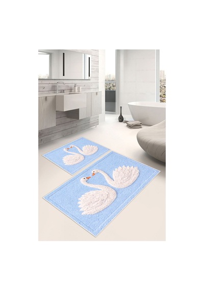 Kuğu Desenli Dijital Baskılı Yıkanabilir 2li Banyo Paspası 50x60-60x100 Mavi