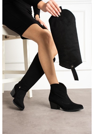Shoetek Lirna Kadın Kovboy Çizme&bot Farklı Kullanımlı Siyah Süet Siyah Suet