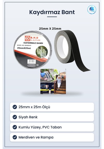 Kaydırmaz Bant 25mm X 25m Siyah Merdiven Rampa Platform Islak Zem