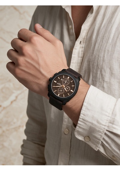 Lee Cooper Kahverengi Deri Kayış Kahverengi Kadran 42 Mm Yuvarlak Erkek Kol Saati, Bileklik Hediyeli Siyah