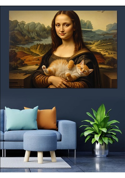 Kedi Tutan Mona Lisa Versiyonu Dekoratif Kanvas - Mdf Ahşap Tablo