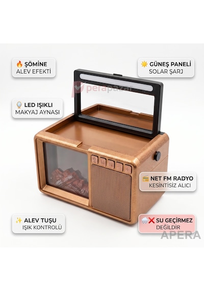 Fepe Fp-611-s Güneş Panelli Bluetooth Radyo Şömine Alev Efektli Aynalı Şarjlı Taşınabilir Hoparlör Açık Kahve