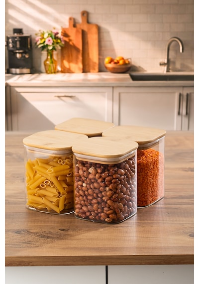 Porsima 5-4 Bambu Vakumlu Kapaklı Kare Borsilikat Cam 4lü Kavanoz Seti Saklama Kabı 750ml 7,5x15cm