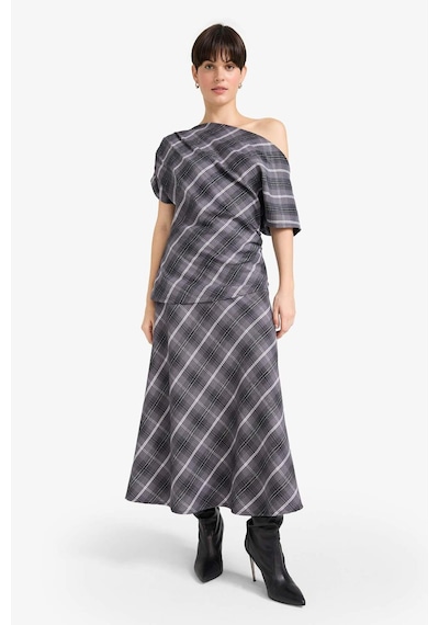 Defacto Regular Fit Kayık Yaka Kareli Flanel Kısa Kollu Bluz G0862ax25augr312 Gri