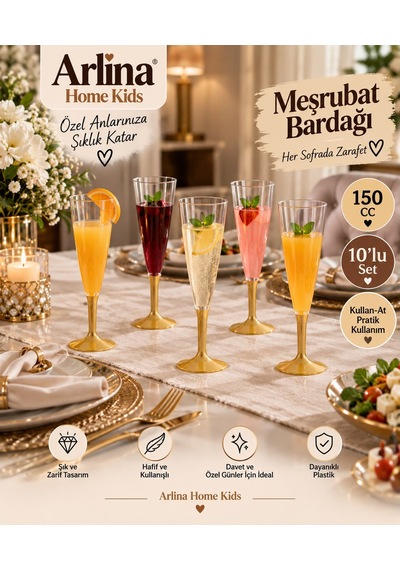 Gold Taban Detaylı 150 Cc Plastik Meşrubat Bardağı 10 Lu Set Beyaz