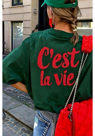 C'est La Vie Yazılı Oversize Kadın T-shirt Yesıl