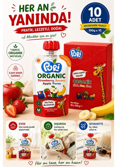 Organic Çilekli, Muzlu Elma Püresi 100 G x 10 %100 Organik İlave Şekersiz 10'lu Paket