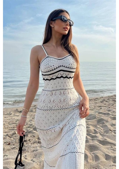Asur Boutique Asur Butik Askılı Triko Elbise Uzun Ajurlu Bej Renk Astarsız Plaj Elbisesi
