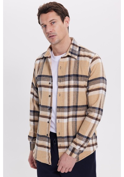 Tudors Erkek Slim Fit Dar Kesim Kareli Kışlık Oduncu Gömlek-42120 Bej