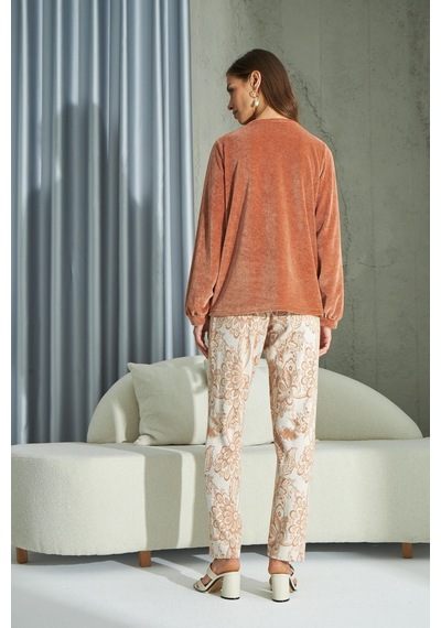 Sevim Kadın Uzun Kol Kadife Jakarlı Taba Pijama Takımı C1t5n2o67 001