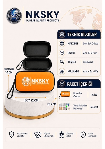 Nksky 36 Parça İlk Yardım Çantası, Turuncu Eva Çantalı İlk Yardım Seti, Bileğe Takılabilir Taşıma İpli Ecza Çantası