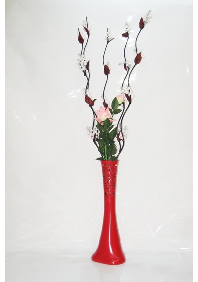 60 Cm Desenli Kırmızı Vazo 5 Adet Beyaz Üzüm ve Pembe Gül