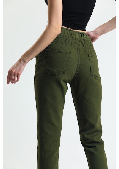 Kene Jeans Kadın Haki Beli İpli Kemer Lastik Keten Mom Pantolon Haki