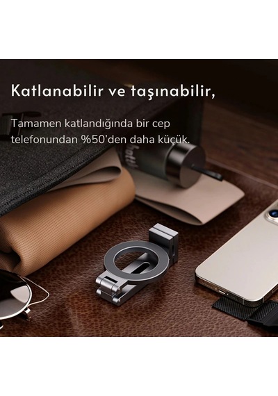 Etashop Manyetik Taşınabilir Telefon Tutacağı Katlanabilir 360 Seyahat Standı Magsafe Uyumlu GÜMÜŞ