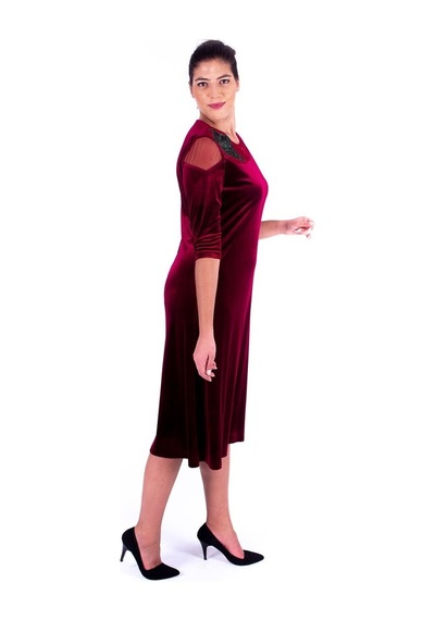 Nidya Moda Büyük Beden Kadın Bordo Kadife Abiye Elbise-4123B Bordo
