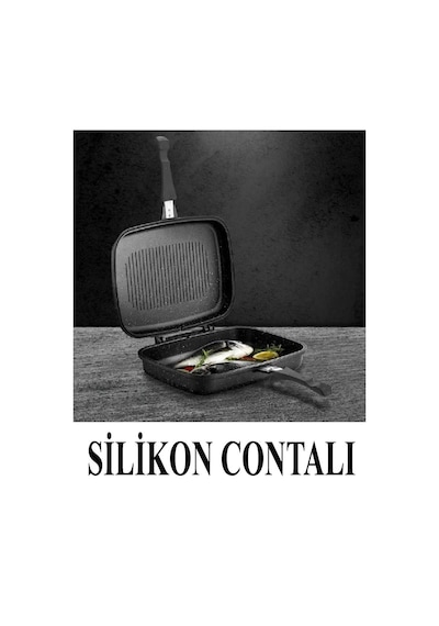 Döküm Granit Çift Taraflı Grill Tava Silikon Contalı 36 X 26 Cm Siyah