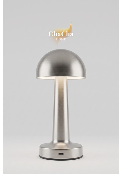Chacha Home Mila Metal Led Masa Lambası 22x10 Cm - Mantar Başlıklı Lüks Dekoratif Abajur Ve Gece Lambası Gümüş