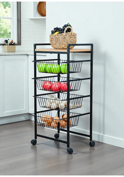 Dekoratif Tekerlekli Metal Sebzelik 4 Tel Sepetli Çam Ahşap Raflı Çok Amaçlı Stand Siyah