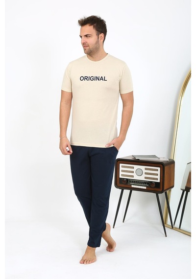 Akbeniz Erkek Kısa Kol Penye Pijama Takımı 6867 Krem Krem