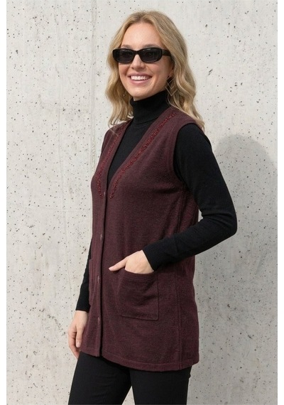 Onno Style Women Yakası Taşlı Çelik Örgü Triko Kadın Yelek Bordo