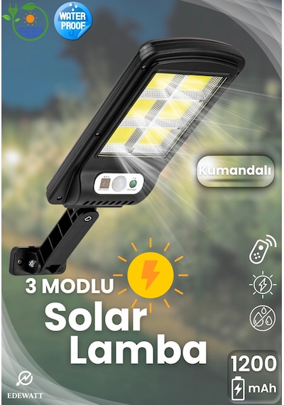 Güneş Enerjili Sokak Lambası Solar Duvar Lambası Hareket Sensörlü 3mod Uzaktan Kumanda 120 Led Garaj
