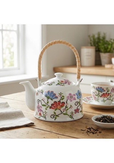 Porselen Çini Piraye Demlik - Bambu/hasır Saplı, Ateşe Dayanıklı Nostaljik Bitki Çayı Ve Çay Demliği 900 Ml - 2 Farklı Desen Seçeneği Pıraye Çok Renkli