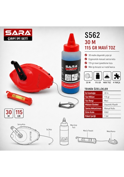 Sara S562 Çırpı Ipi Seti Makaralı Işaretleme Ipi, Mavi Toz Ve Mini Ip Terazisi