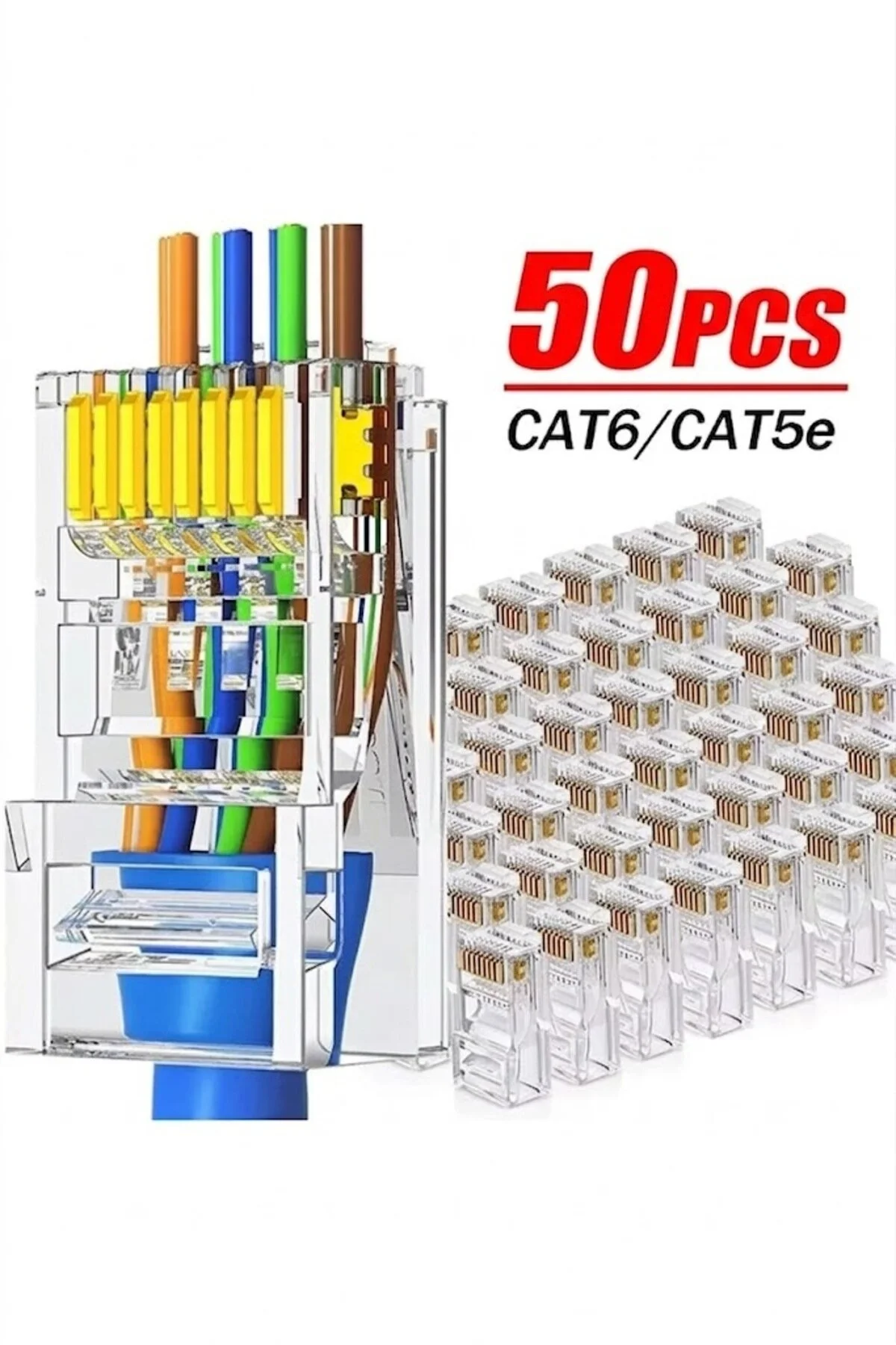50 Adet Yeni Nesil Ez Rj45 8p8c + 50 Adet Cover Set Rj45 2in1 Cover Jak Ethernet Soket Set Mavi