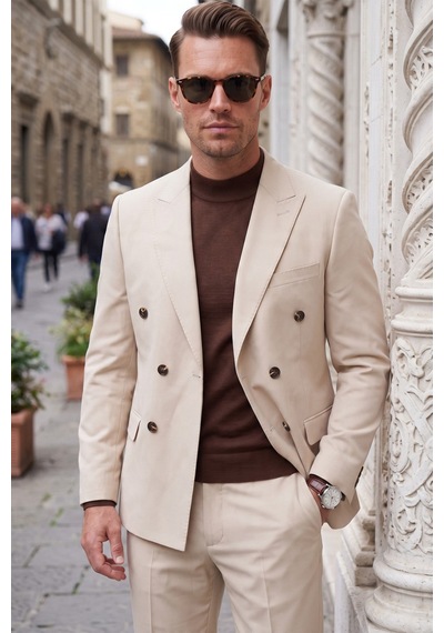Deepsea Erkek Slim Fit Kruvaze Bej Takım Elbise Likralı Spor Şık Business 2702414