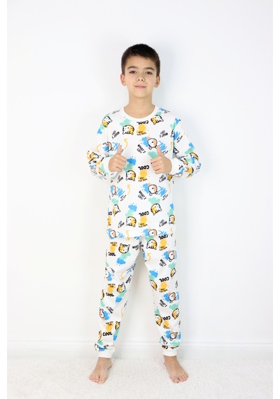 Harika Kids Erkek Çocuk Baskılı İnterlok Kumaş Uzun Kollu Pijama Takımı Beyaz - Mavi Harika Kids Erkek Çocuk Baskılı İnterlok Kumaş Uzun Kollu Pijama Takımı Beyaz - Mavi