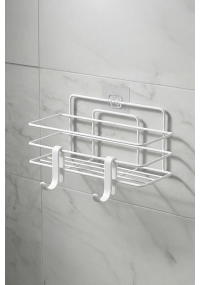Tekli Beyaz Yapışkanlı Banyo Rafı + 2'li Askı Kanca Seti Metal Duş Şampuanlık Diğer