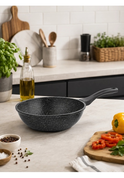 İtalyan Tasarım 28 Cm Döküm Granit Wok Tava Çok Renkli